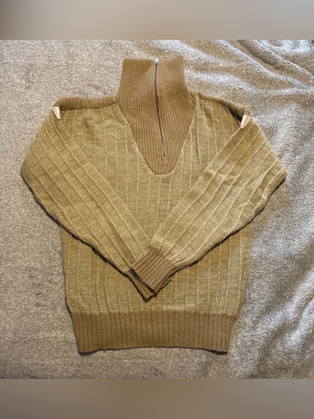 Vintage 70s Kennington Men's Tan Ribbed Knit Quarter Zip Sweater Size Medium